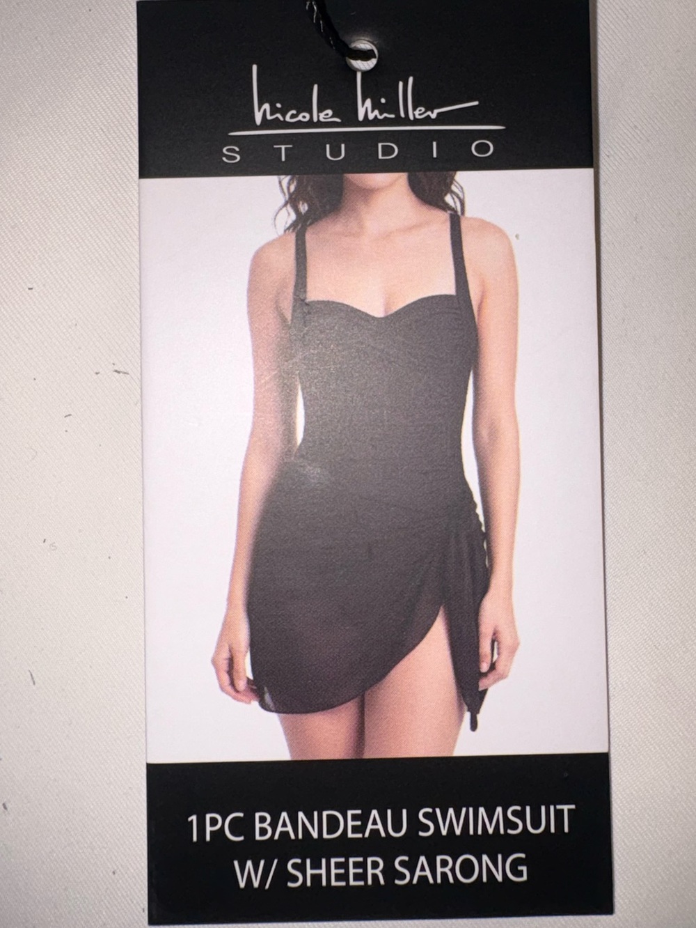 Nicole Miller Studio Black Bandeau Swimsuit with Sheer Sarong, M, NWT